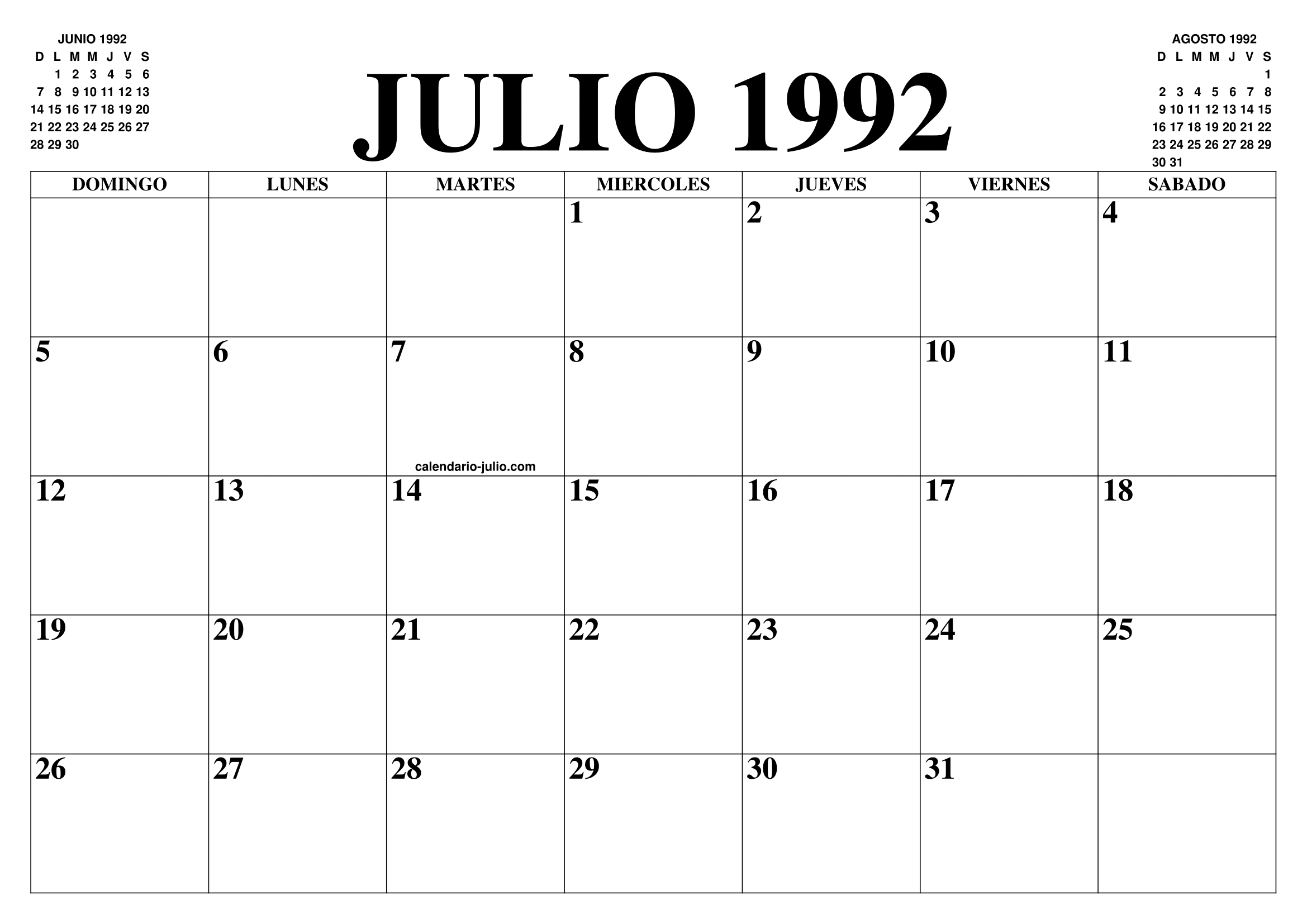 CALENDARIO JULIO 1992 : EL CALENDARIO JULIO PARA IMPRIMIR GRATIS - MES ...