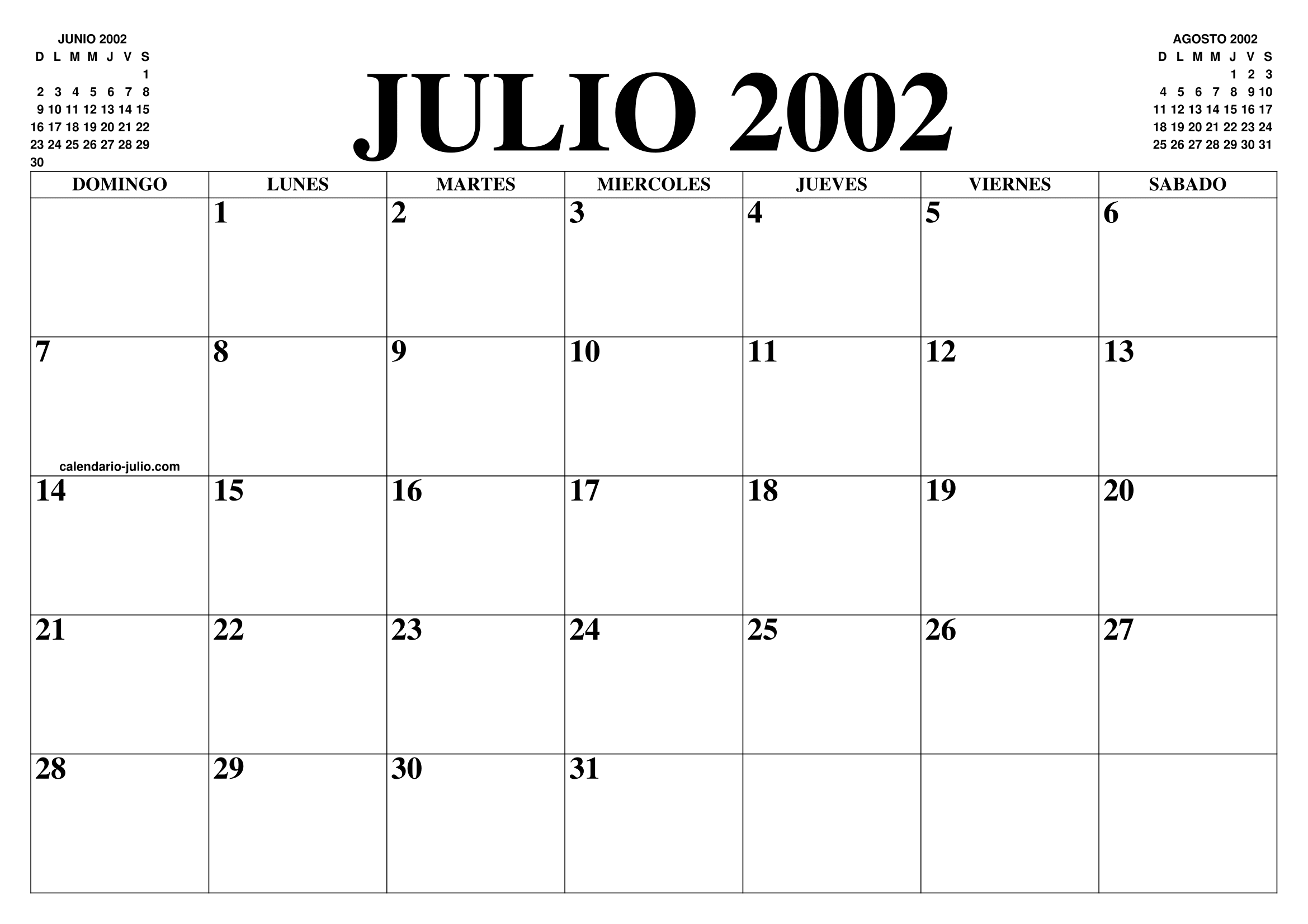 CALENDARIO JULIO 2002 EL CALENDARIO JULIO PARA IMPRIMIR GRATIS MES