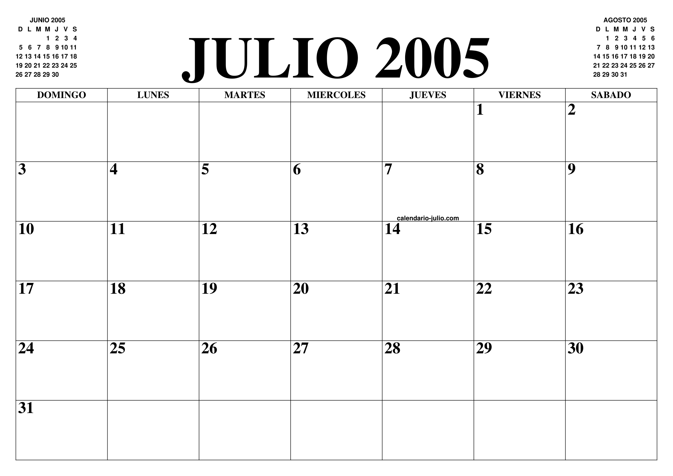 CALENDARIO JULIO 2005 : EL CALENDARIO JULIO PARA IMPRIMIR GRATIS - MES ...