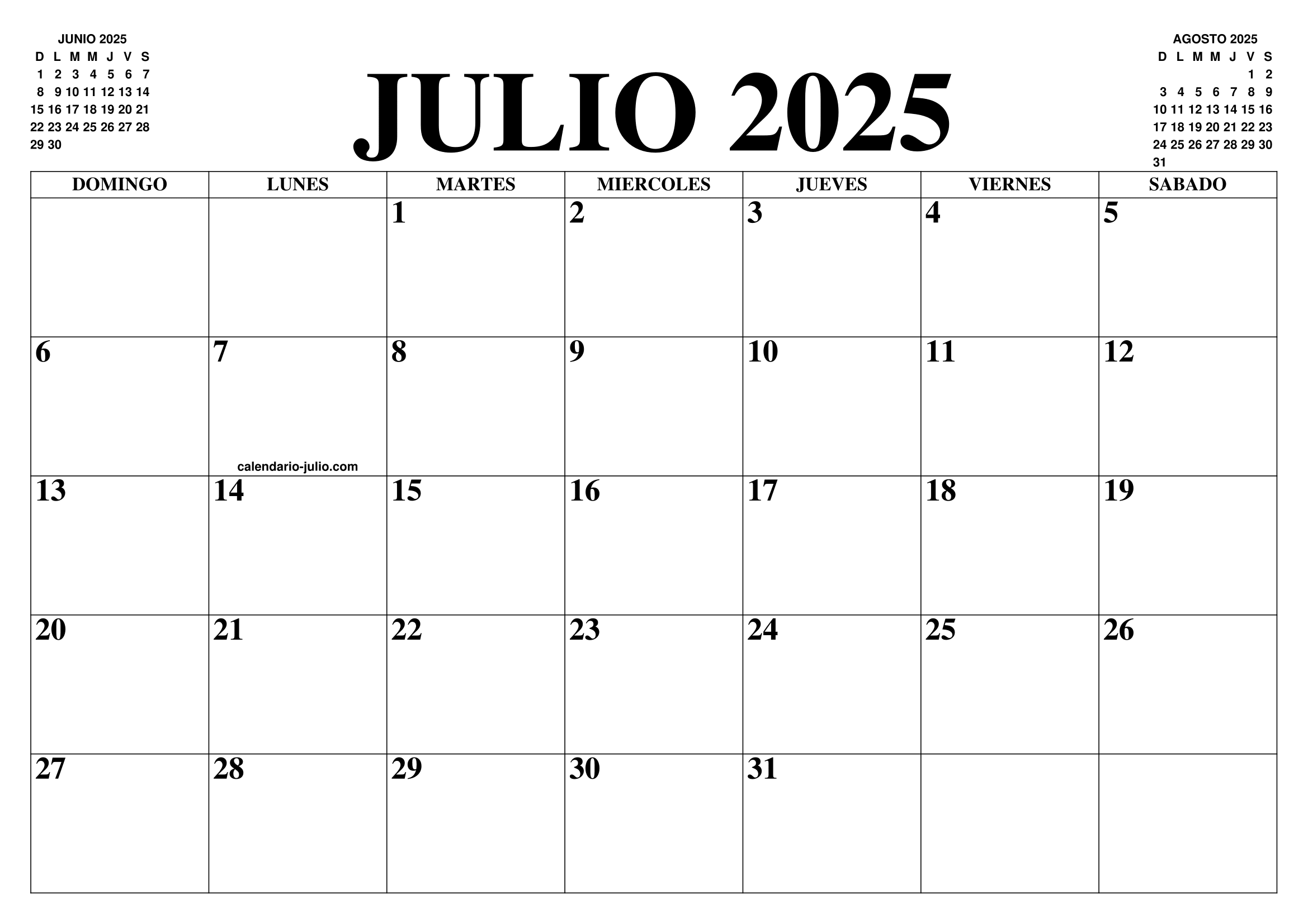 CALENDARIO JULIO 2025 EL CALENDARIO JULIO PARA IMPRIMIR GRATIS MES