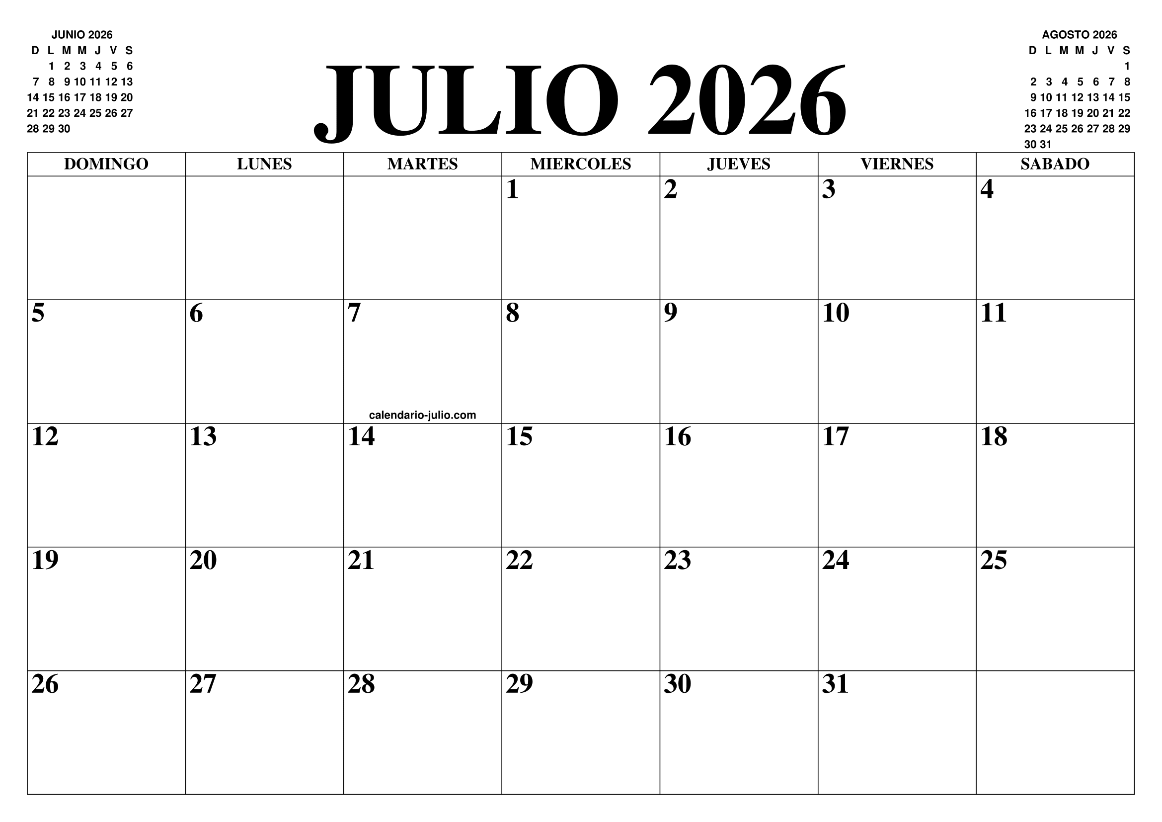 CALENDARIO JULIO 2026 EL CALENDARIO JULIO 2026 PARA IMPRIMIR GRATIS 