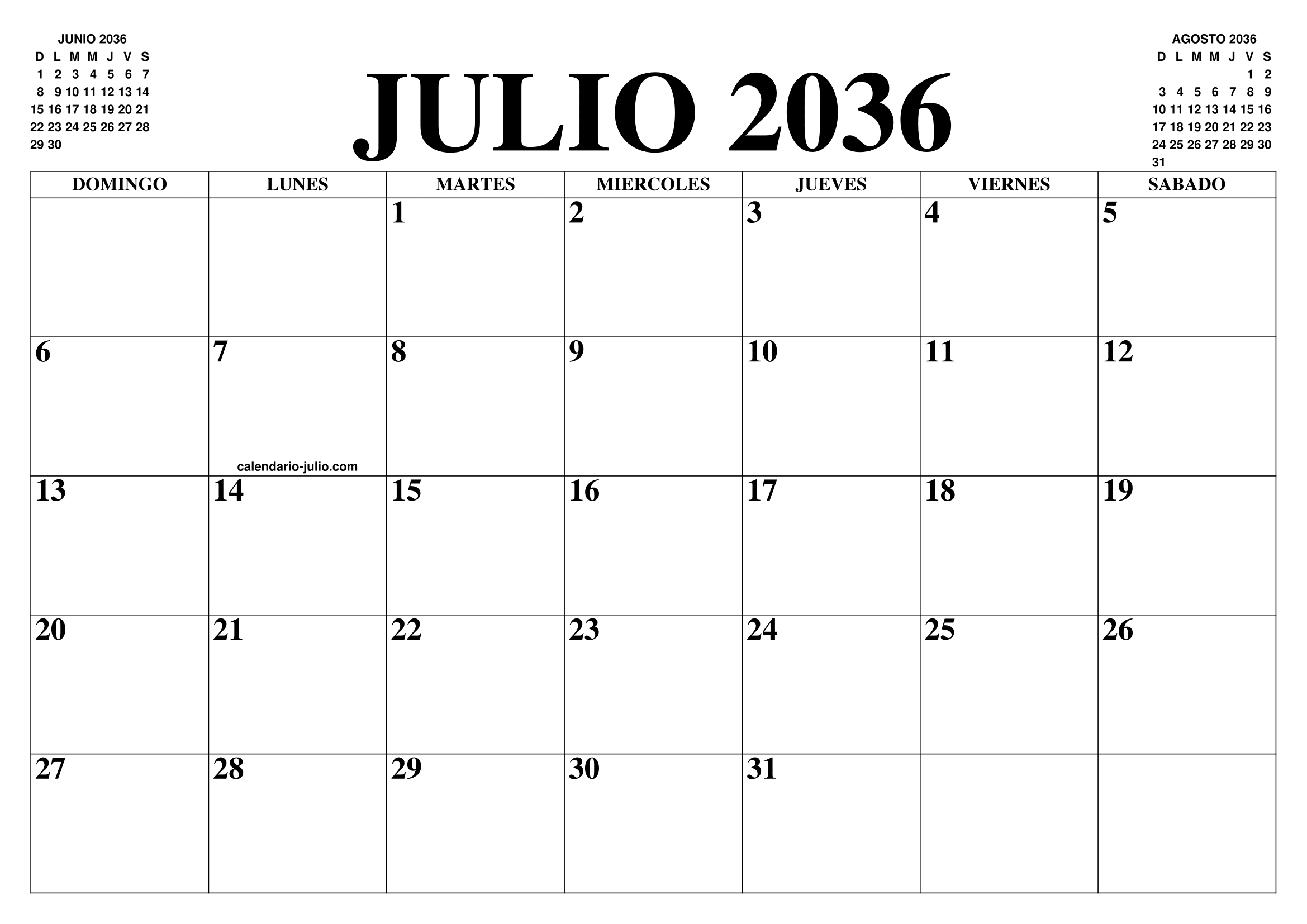 CALENDARIO JULIO 2036 : EL CALENDARIO JULIO PARA IMPRIMIR GRATIS - MES ...